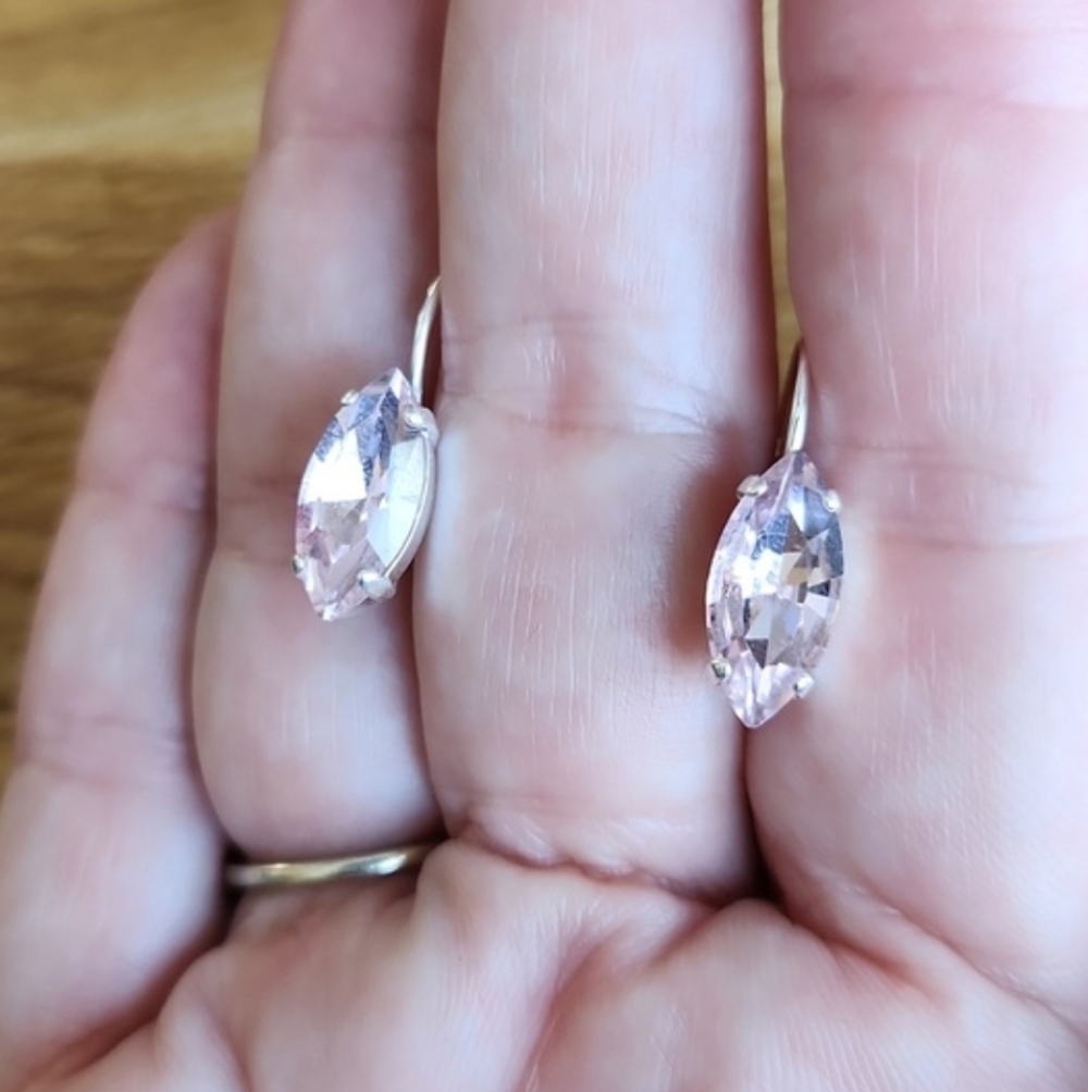 Silver Lever Back Drop Earrings, Light Pink Crystals, Hand Crafted - Picture 8 of 9